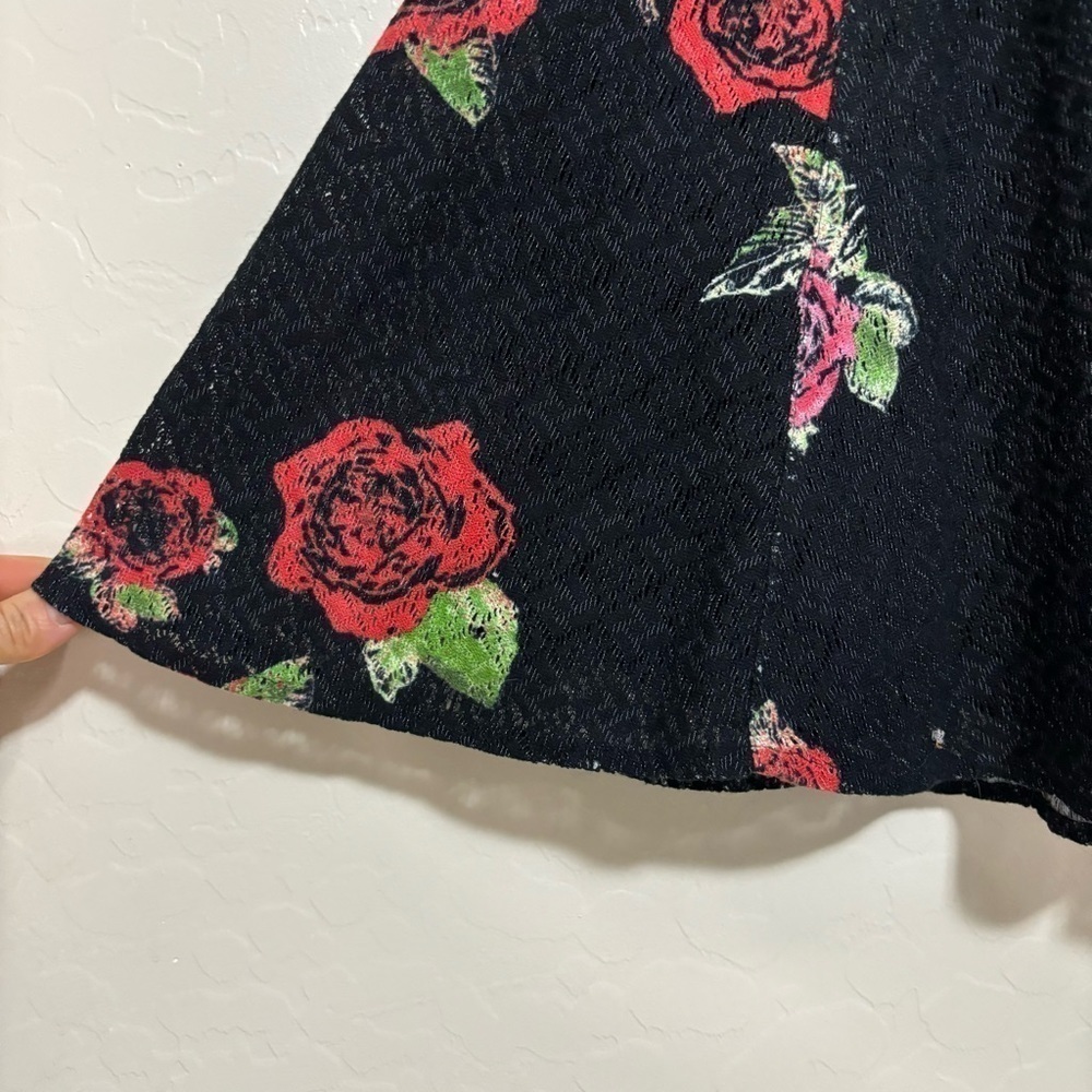 Free People Black Rose Print Fit and Flare Crocheted Daisy Cutout Waist Dress 4 - Picture 7 of 10